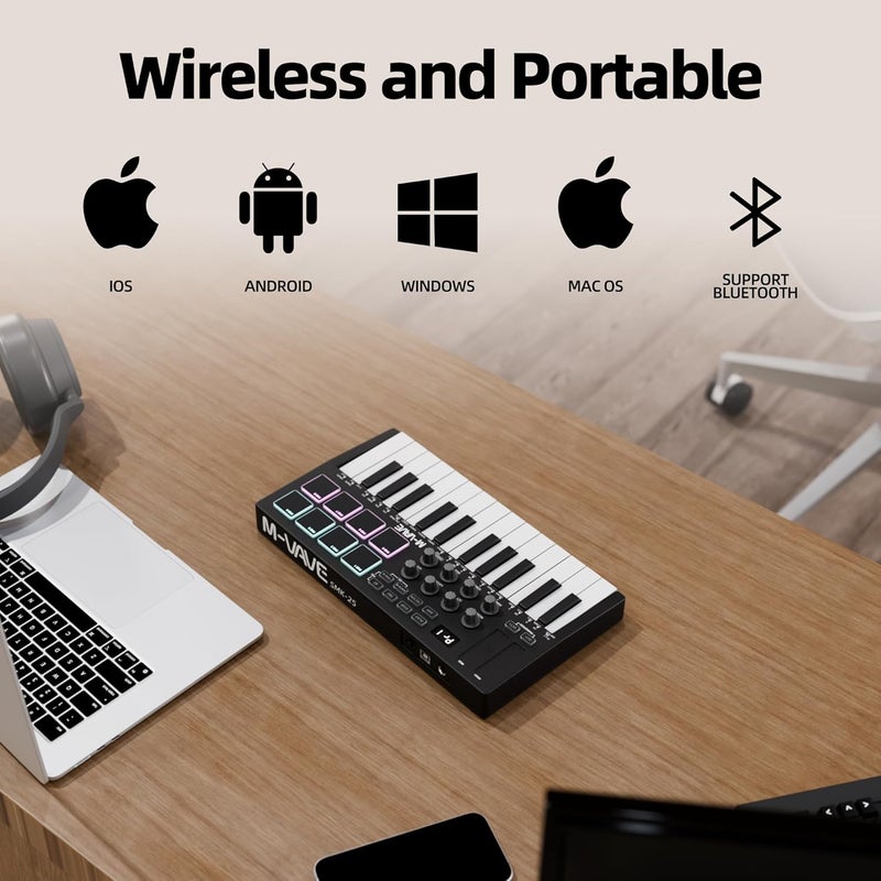 DAIERTEK Midi Keyboard Controller 25 Key Portable Mini Bluetooth & USB Midi Piano with 8 Backlit Drum Pad, 8 Knobs and Music Production Software for Computer Recording, Music Production - Image 3